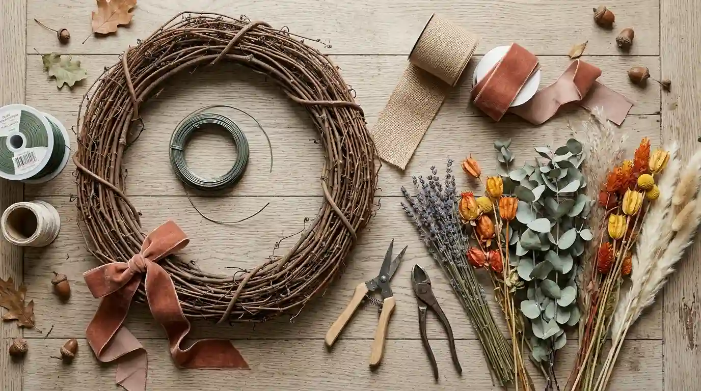 Flat lay of wreath-making tools including a grapevine base, paddle wire, dried stems, and ribbon