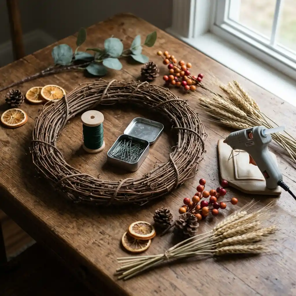 Organized craft table with a wreath base, wire spool, floral pins, and glue gun ready for building