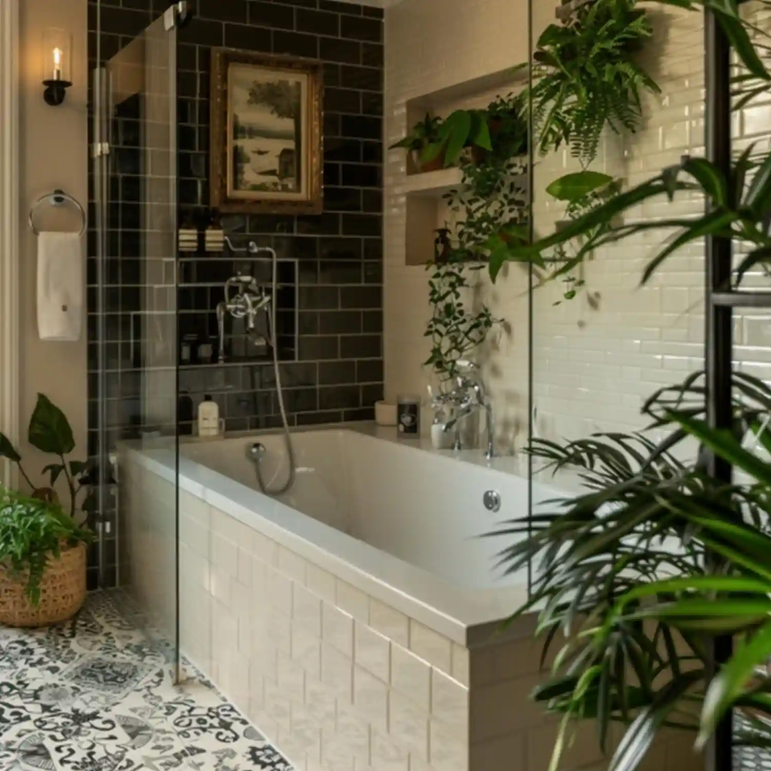 Warm white and greige farmhouse bathroom walls beside a wood vanity under soft warm light