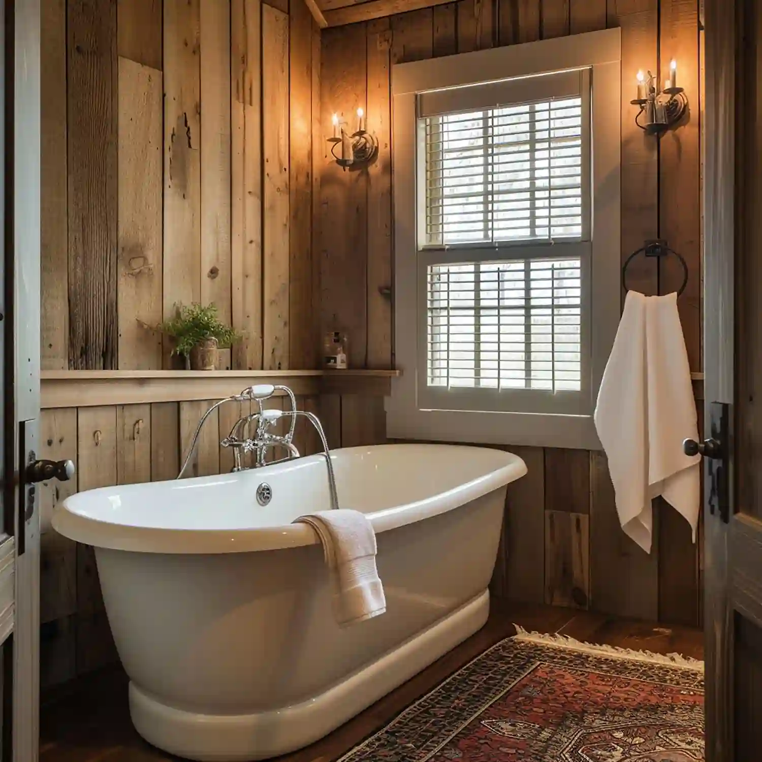Farmhouse bathroom with shiplap and black hardware beside a coastal light blue and rattan scheme
