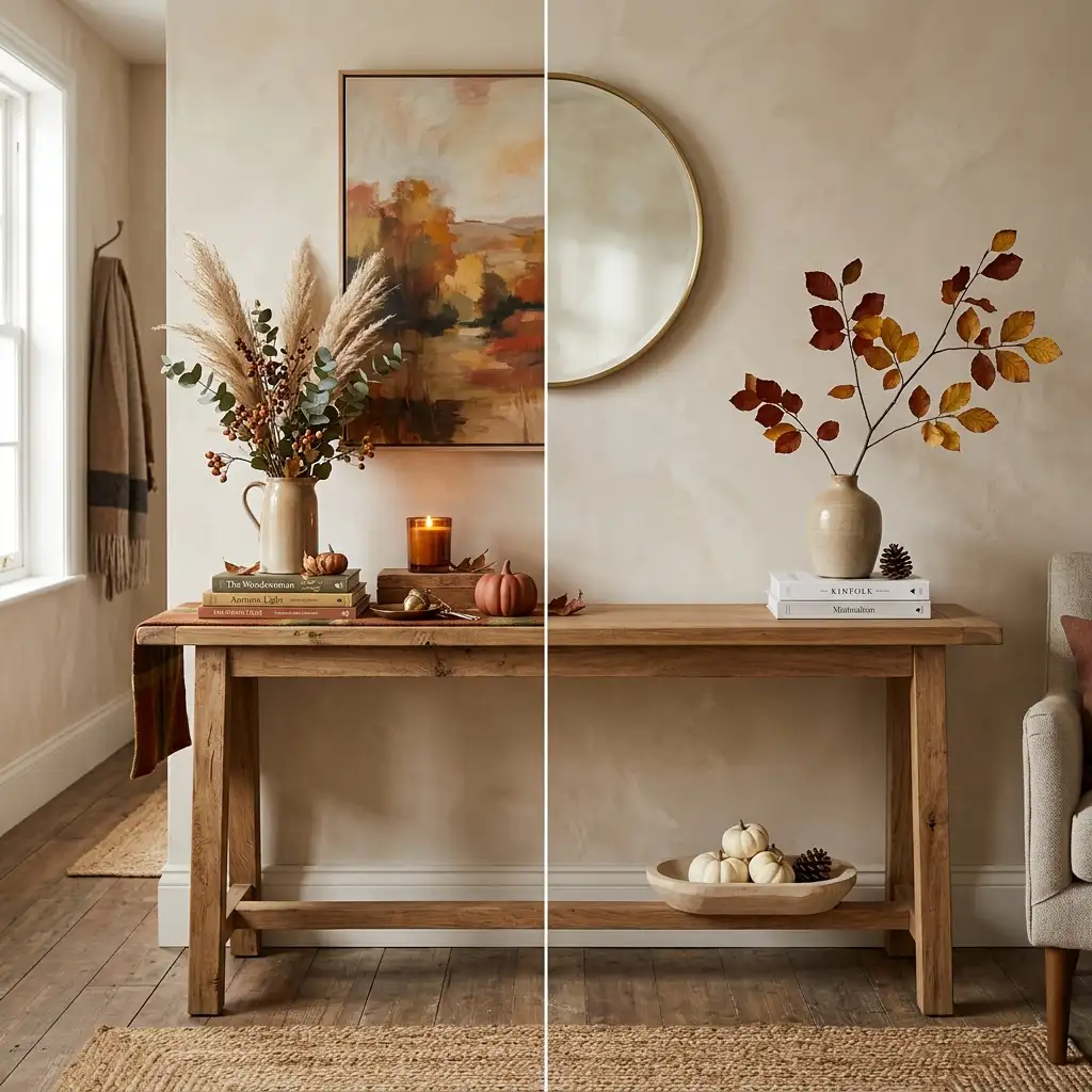 Console table styled two ways for autumn, cluttered with small pieces on one side and pared back on the other