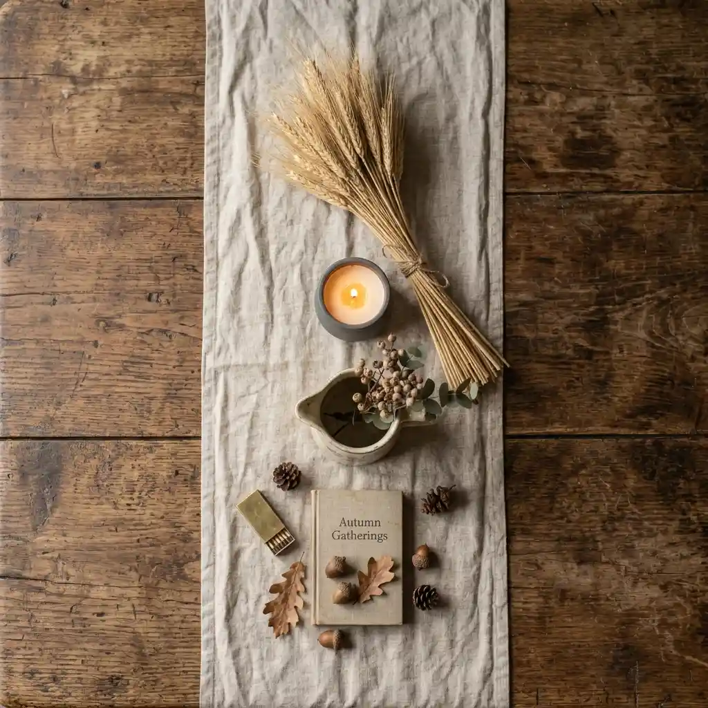 Flat lay of farmhouse fall essentials including linen runner, dried wheat, a small ironstone pitcher and a candle