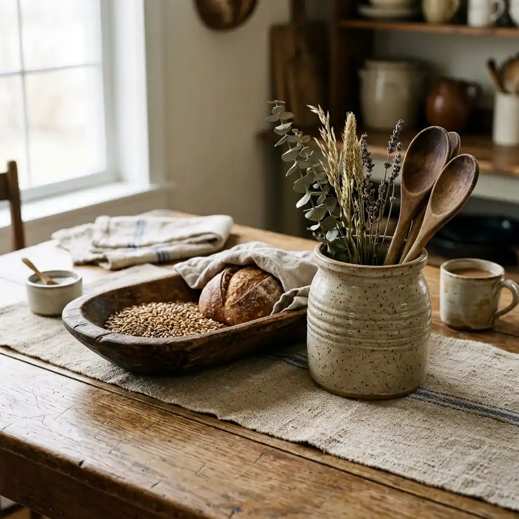 Close-up of a stoneware crock, carved wood dough bowl and grain-sack linen runner on an oak table