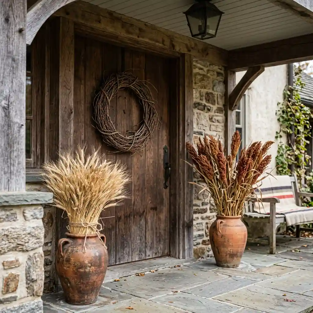 Farmhouse porch with corn stalks on the posts, a hay bale, galvanized buckets of orange mums and a wooden crate