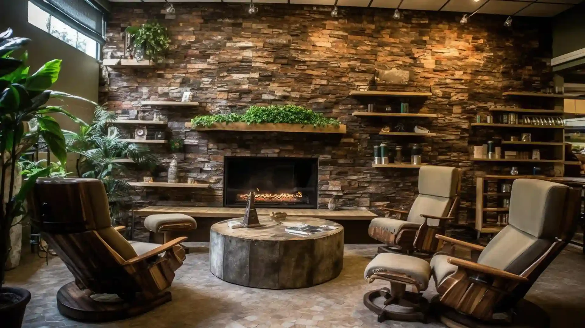 Rustic man cave lounge with weathered wood accent wall, cognac leather sofa, and warm Edison lighting