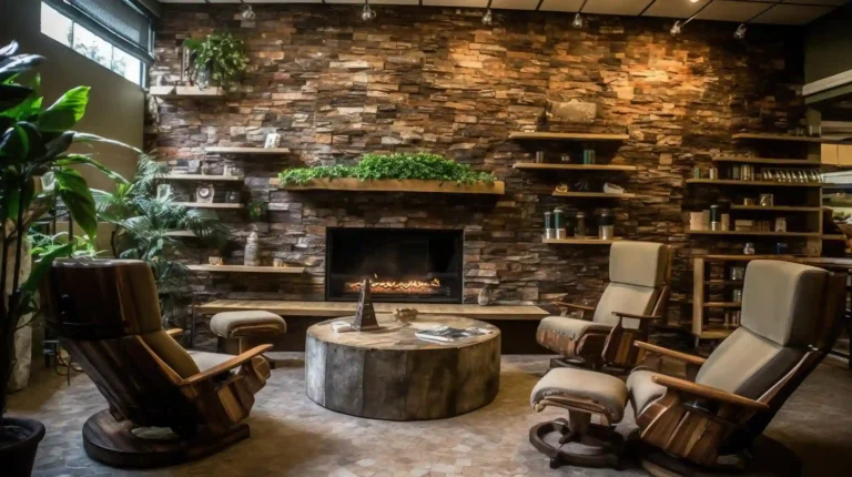 Rustic man cave lounge with weathered wood accent wall, cognac leather sofa, and warm Edison lighting