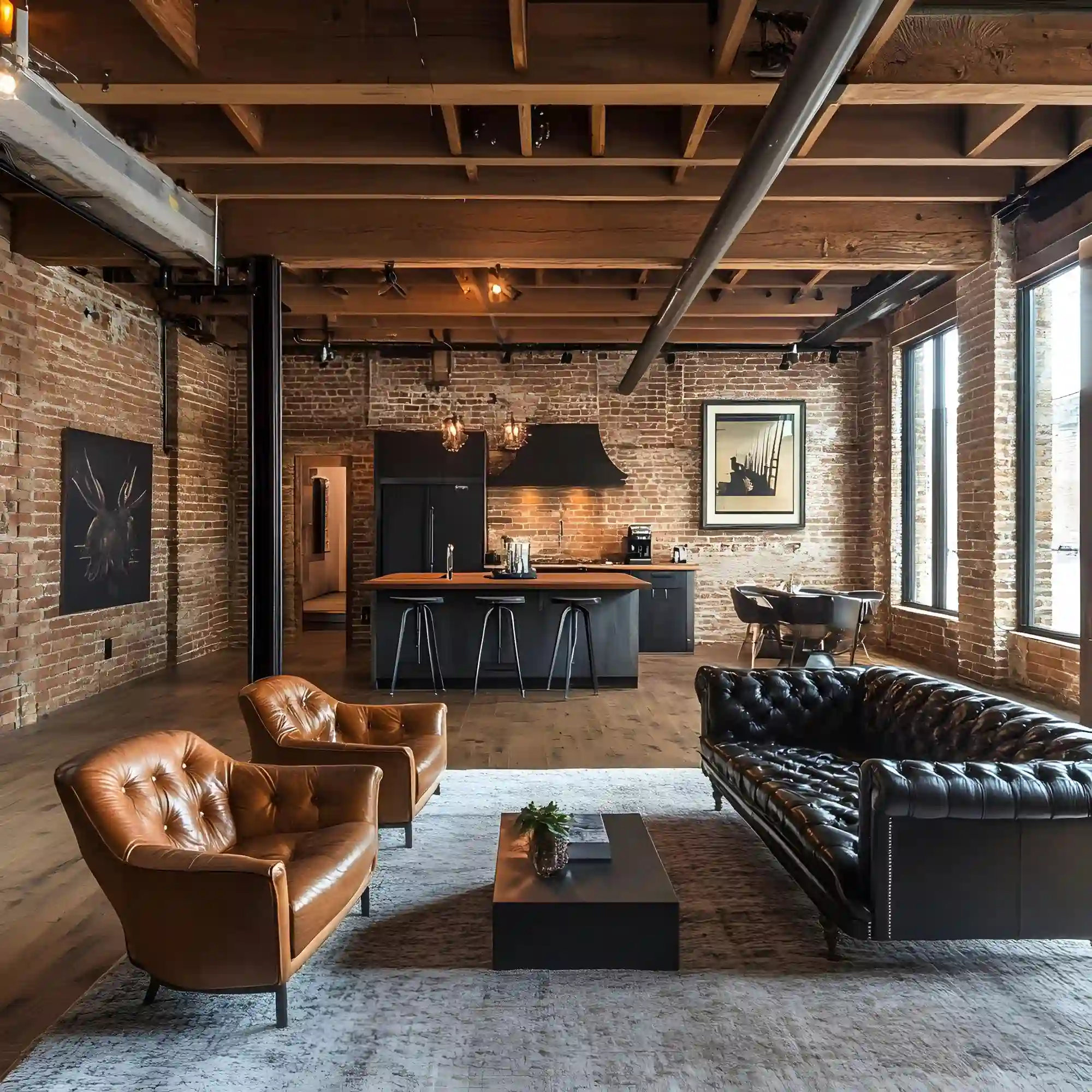 Rustic man cave setup showing wood bar, leather chairs, and vintage signs laid out as a plan