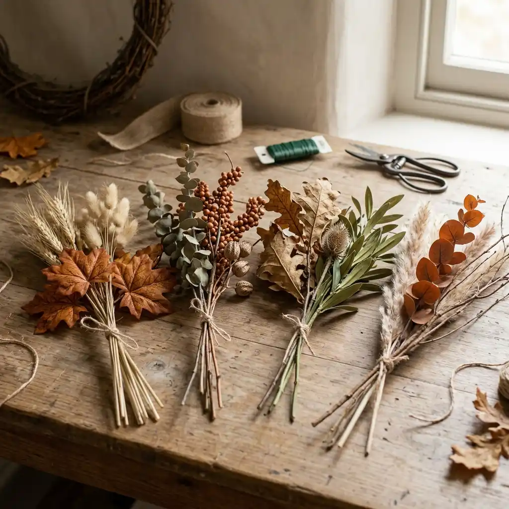Bundles of faux and dried fall foliage stems grouped in threes before wiring