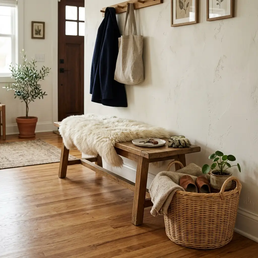 Faux sheepskin throw laid across a wooden entry bench beside a woven basket