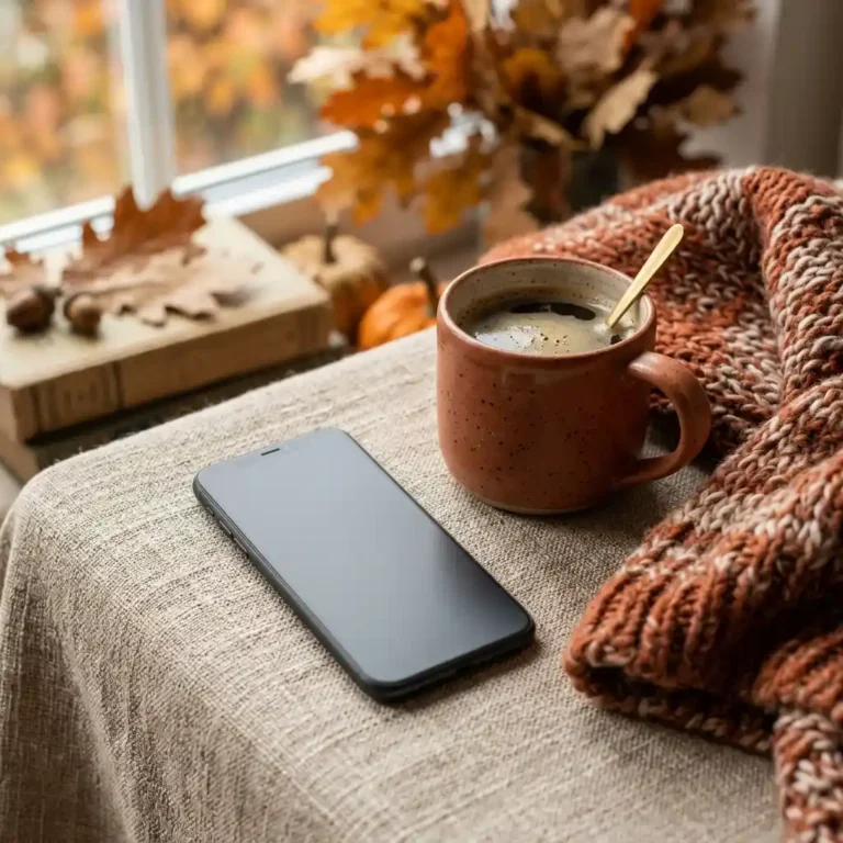 Moody autumn scene in espresso brown, warm khaki and ochre with a knit throw and low lamp light