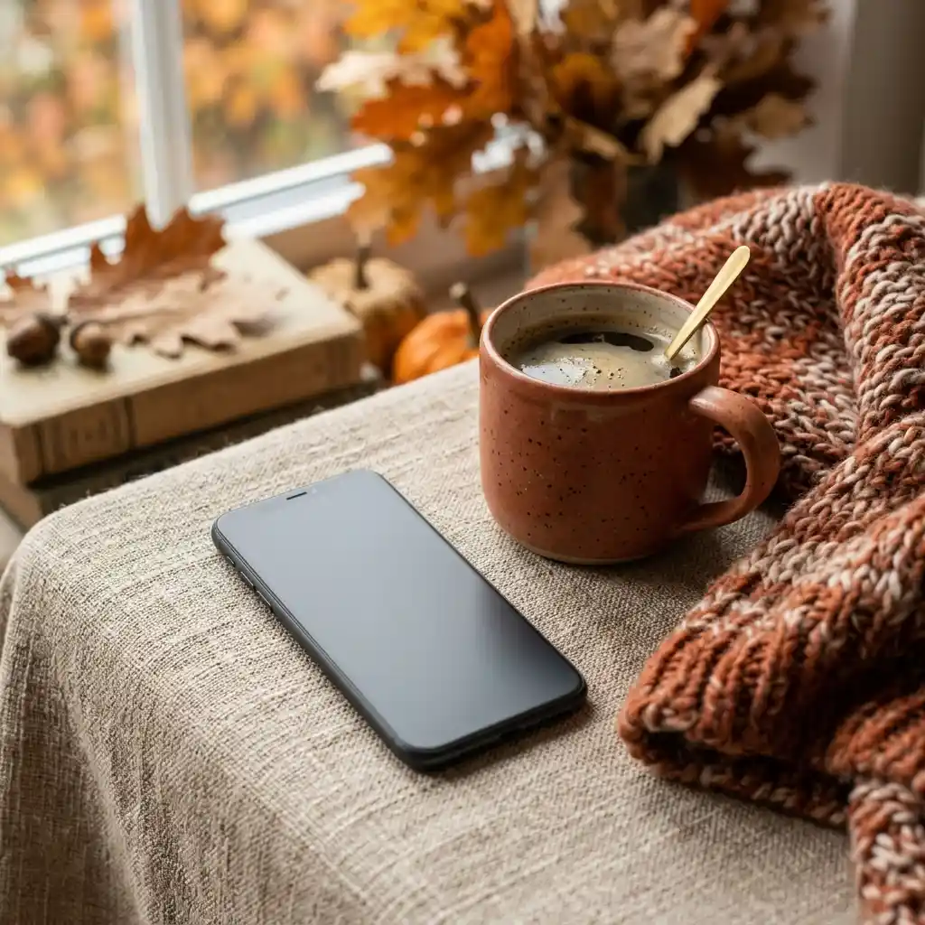 Moody autumn scene in espresso brown, warm khaki and ochre with a knit throw and low lamp light