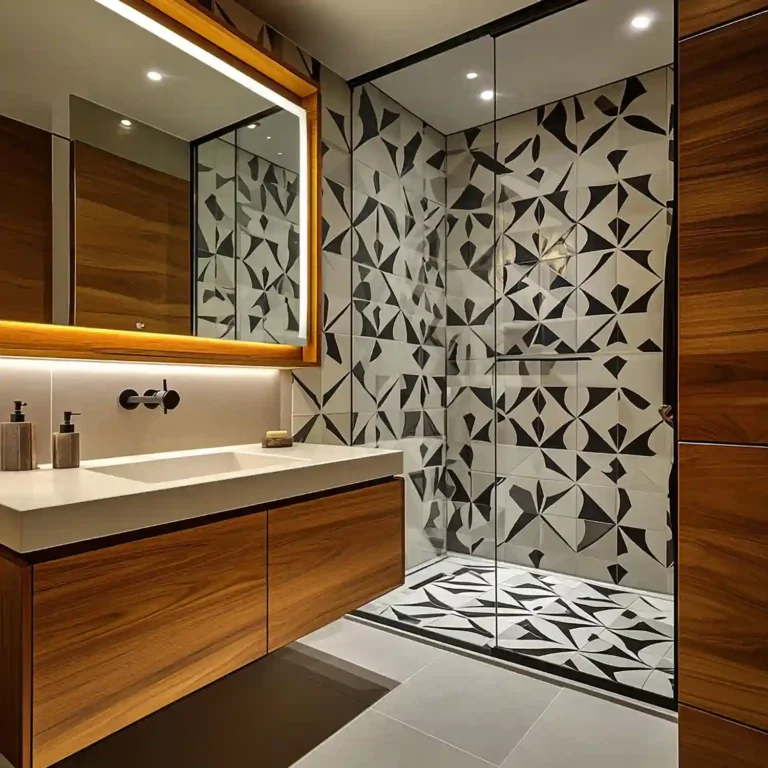 Bathroom with one deep green zellige tile feature wall behind a wood vanity and round mirror