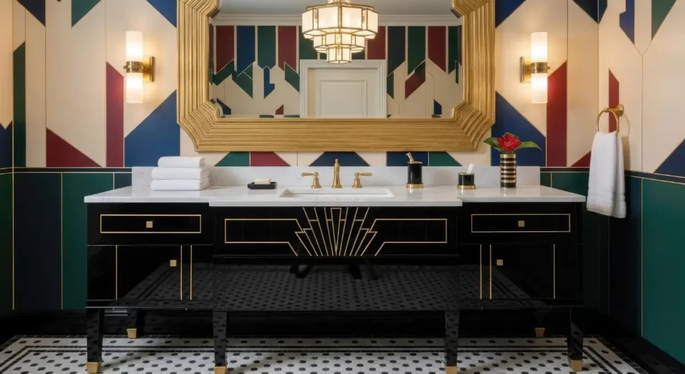 Powder room vanity wall in a dark botanical print with brass faucet, round mirror, and warm sconce light