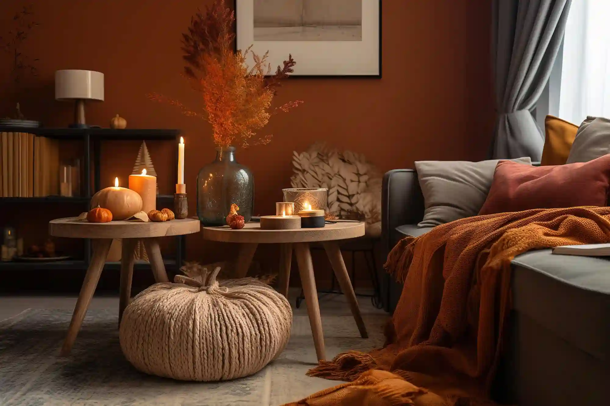 Terracotta painted living room with a grey sofa, rust cushions, a burnt orange throw, a knit pumpkin pouf and dried orange stems in a smoked glass vase