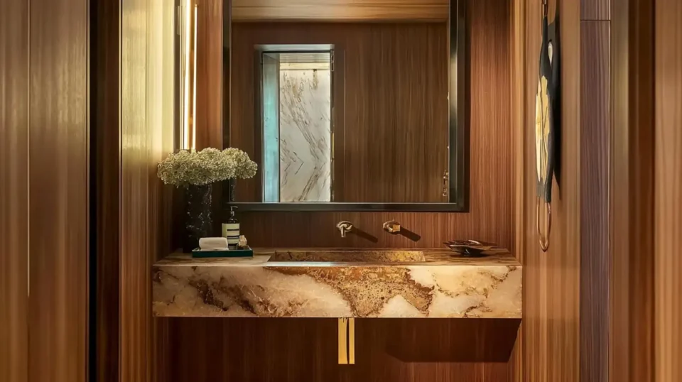 Warm, calm bathroom with wood vanity, brass fixtures, stone counter, and soft layered lighting