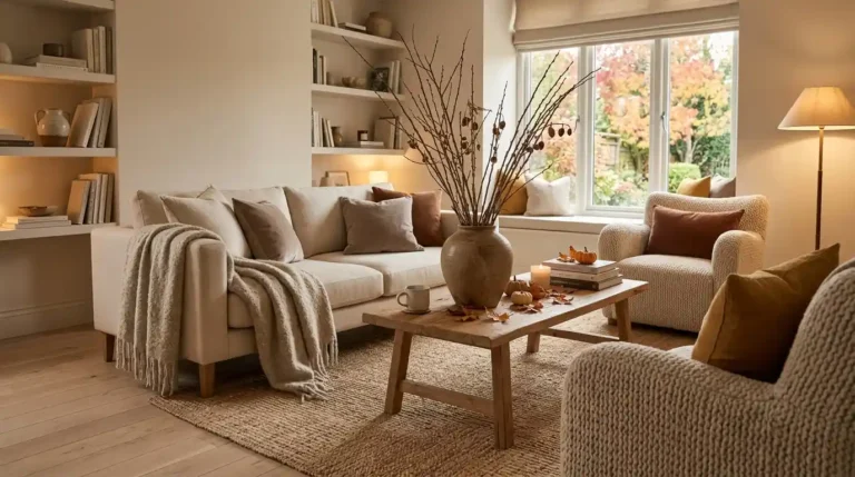 Warm autumn living room with oatmeal wool throw, stoneware vase of bare branches, and pale oak floor
