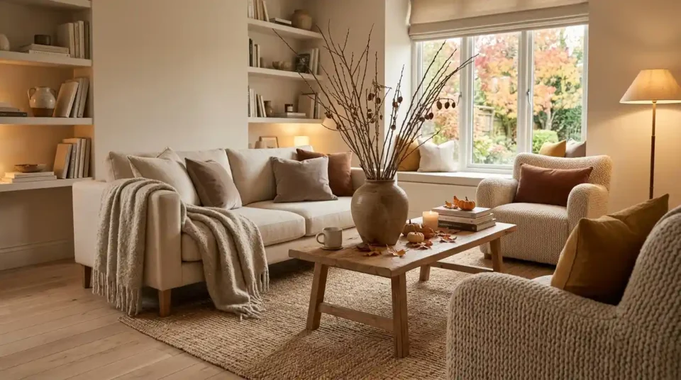Warm autumn living room with oatmeal wool throw, stoneware vase of bare branches, and pale oak floor