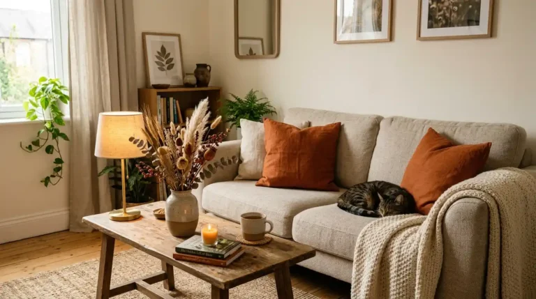 Small rental living room styled for autumn with rust pillow covers, a knit throw, dried stems and a warm table lamp