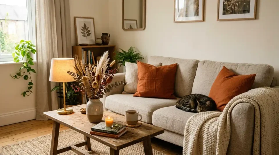 Small rental living room styled for autumn with rust pillow covers, a knit throw, dried stems and a warm table lamp