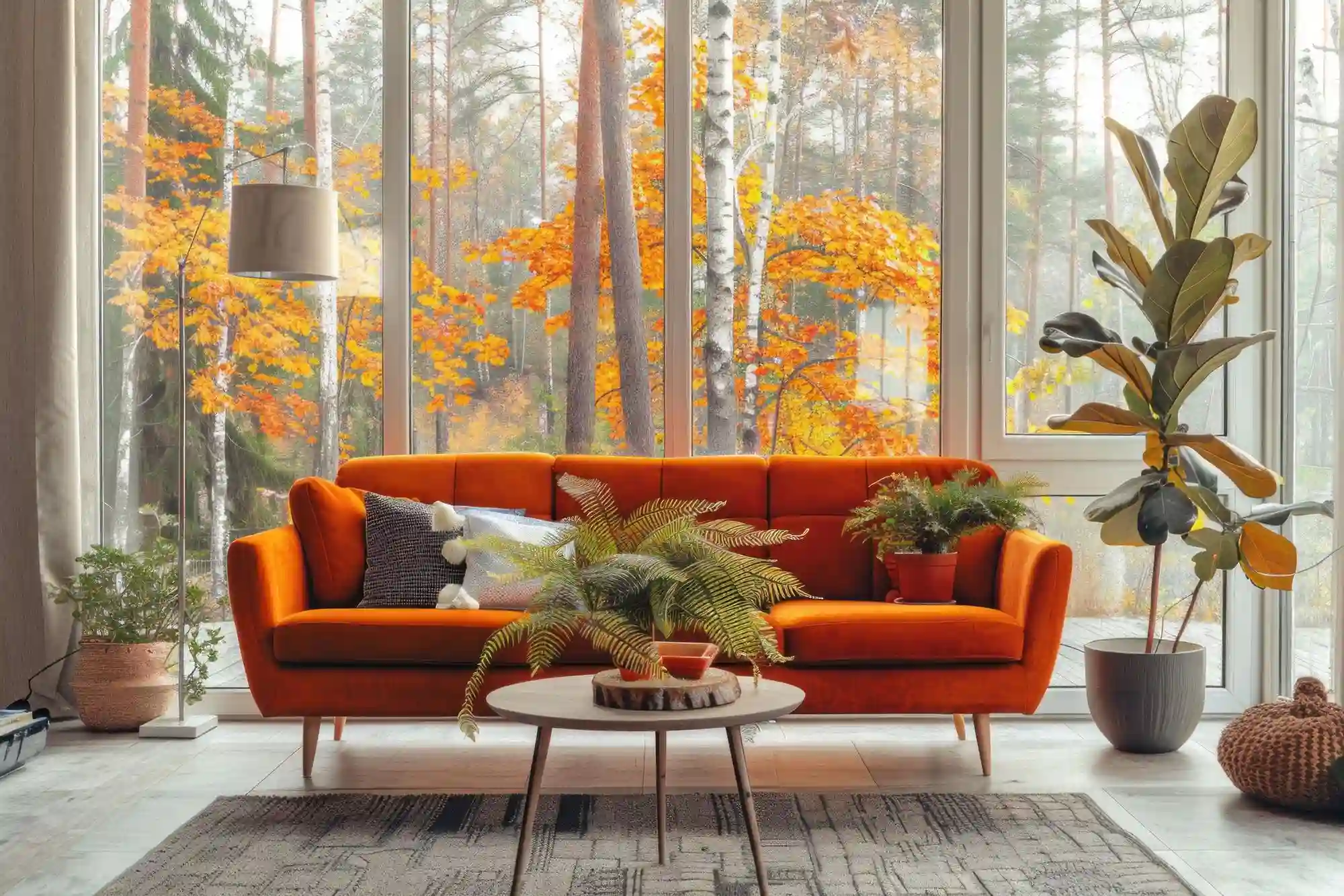 Bright modern living room with a vivid orange sofa, arc floor lamp, fern and round coffee table in front of full-height windows onto autumn birch trees