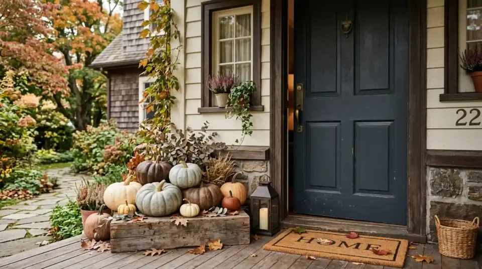 Front porch styled with cream, blue-grey and umber pumpkins clustered on a timber riser beside a dark door