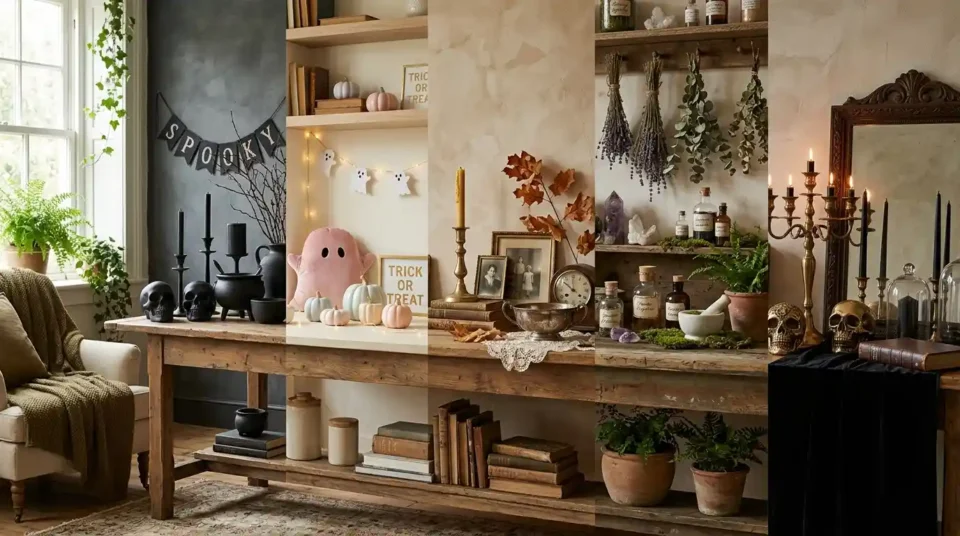 Five Halloween styling looks shown together — matte black spooky, pastel cute, sepia vintage, botanical witchy and brass gothic