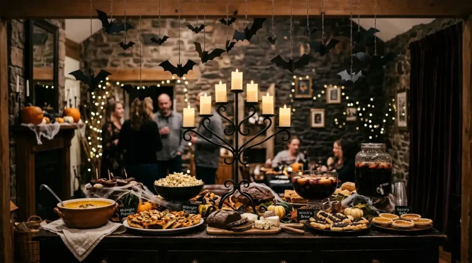 Dimly lit Halloween party room with a dark buffet table, tall black candelabra and paper bats hanging above