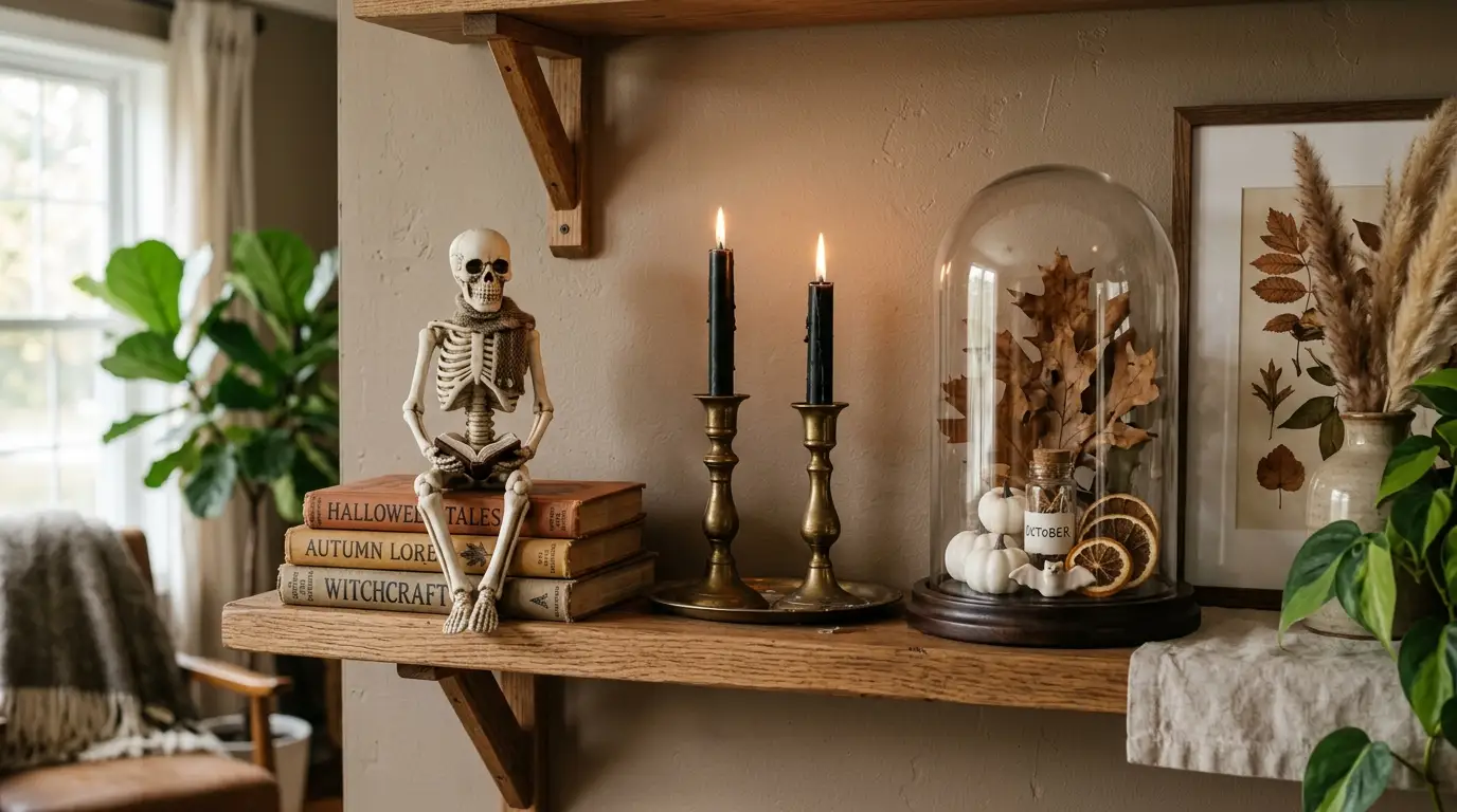 Styled indoor Halloween shelf with a seated skeleton figure, black tapers in brass holders and a glass cloche
