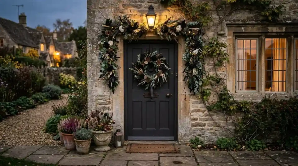 Dark front door at dusk with a large black and bone-white wreath and a matching garland along the door frame