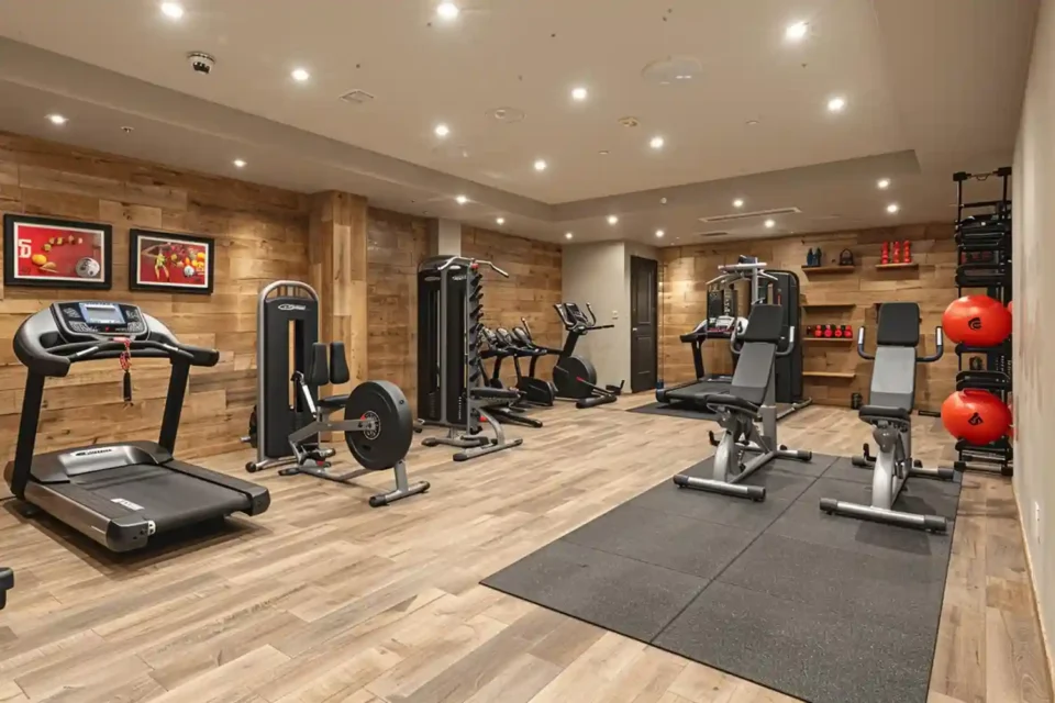 Home gym man cave with matte black accent wall, rubber flooring, squat rack, and layered LED lighting