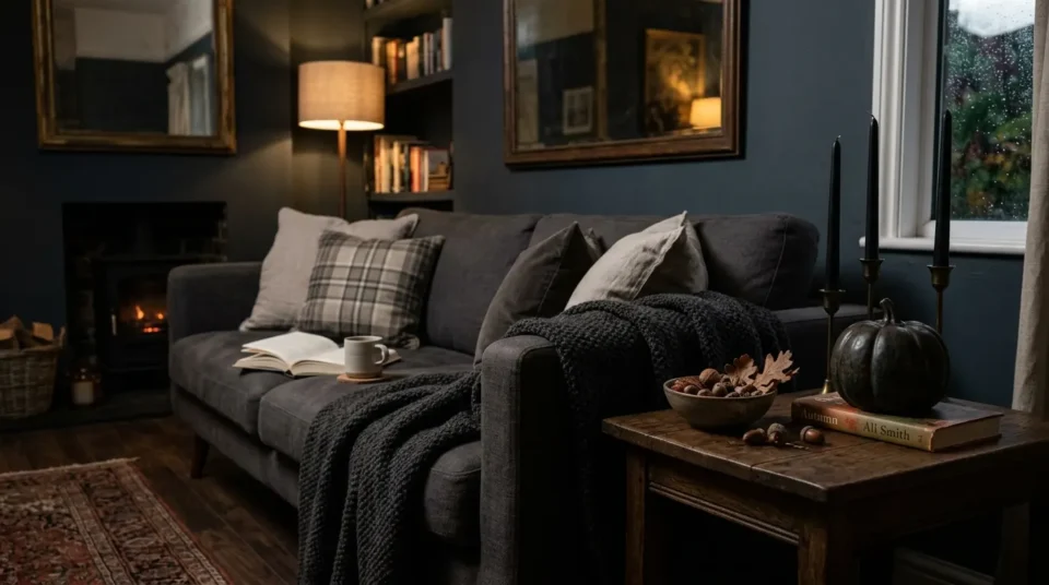 Dimly lit living room in October with matte black tapers, a dark ceramic pumpkin and a charcoal wool throw on the sofa