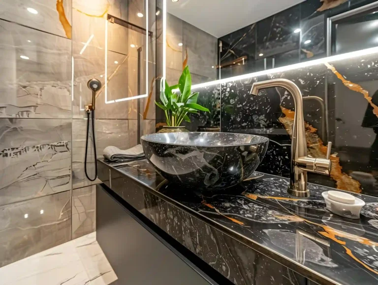 Opulent bathroom with full-slab marble shower wall, brass fixtures, and a freestanding soaking tub