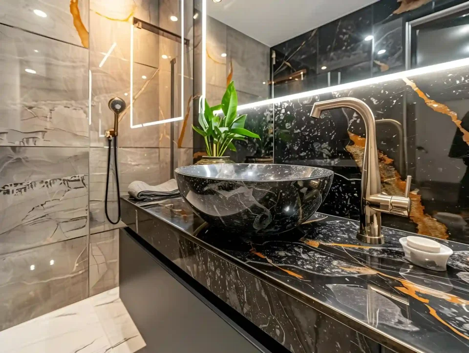 Opulent bathroom with full-slab marble shower wall, brass fixtures, and a freestanding soaking tub