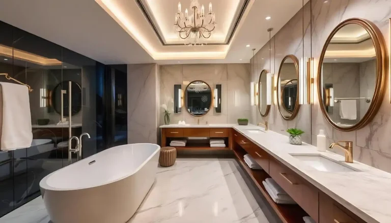Modern bathroom with handle-less floating vanity, warm oak accents, and brushed brass fixtures