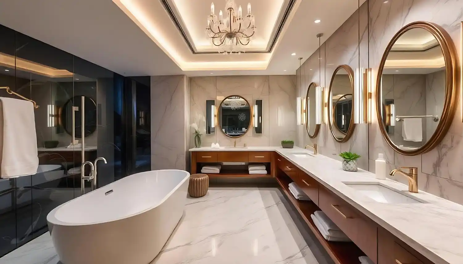 Modern bathroom with handle-less floating vanity, warm oak accents, and brushed brass fixtures