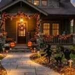 Lit front walk at dusk leading to a decorated Halloween porch, with staked silhouettes down one side of the path