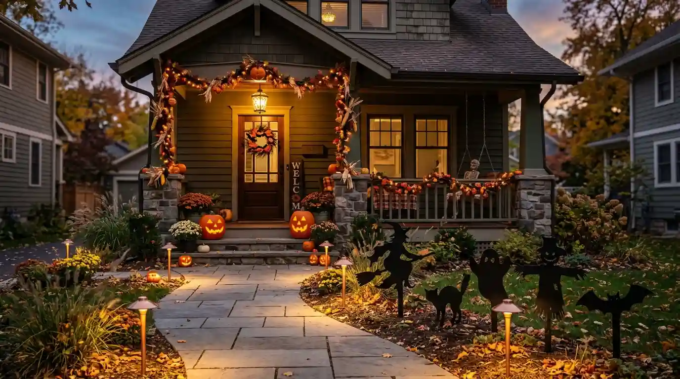 Lit front walk at dusk leading to a decorated Halloween porch, with staked silhouettes down one side of the path