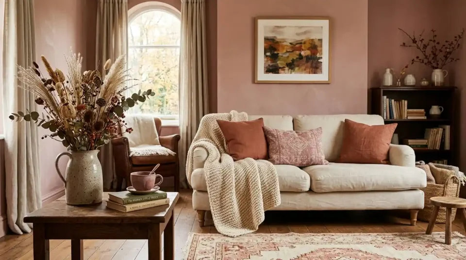 Autumn living room in dusty rose and warm cream with a wool throw, rust cushions, and dried stems in a stoneware jug