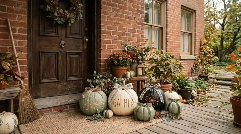 Porch grouping of carved, painted and ribbon-trimmed pumpkins in cream, matte black and sage against warm brick