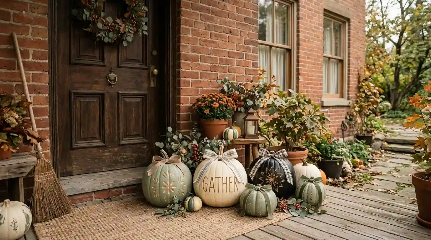 Porch grouping of carved, painted and ribbon-trimmed pumpkins in cream, matte black and sage against warm brick