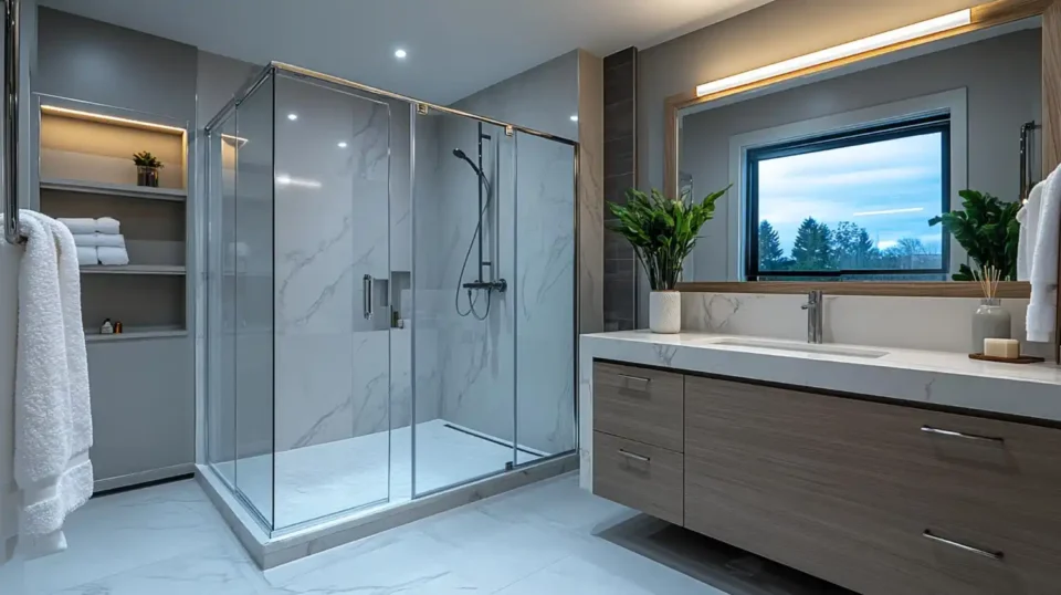 Small bathroom with a frameless glass walk-in shower, pale tile, and warm layered lighting