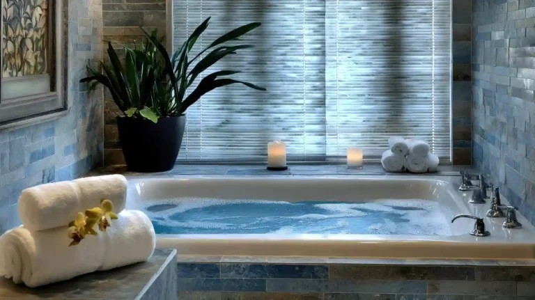 Warm spa-style bathroom with a freestanding soaking tub, natural stone wall, and soft daylight