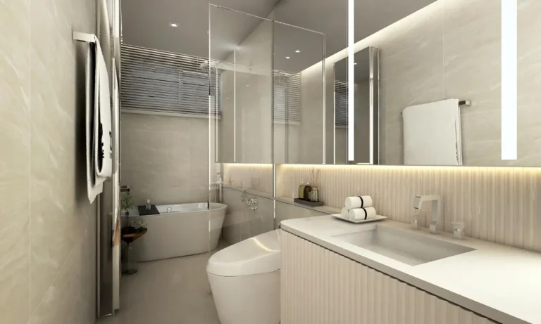 Cream contemporary bathroom with a fluted vanity, a stone counter, a freestanding tub, and vertical LED mirror lighting