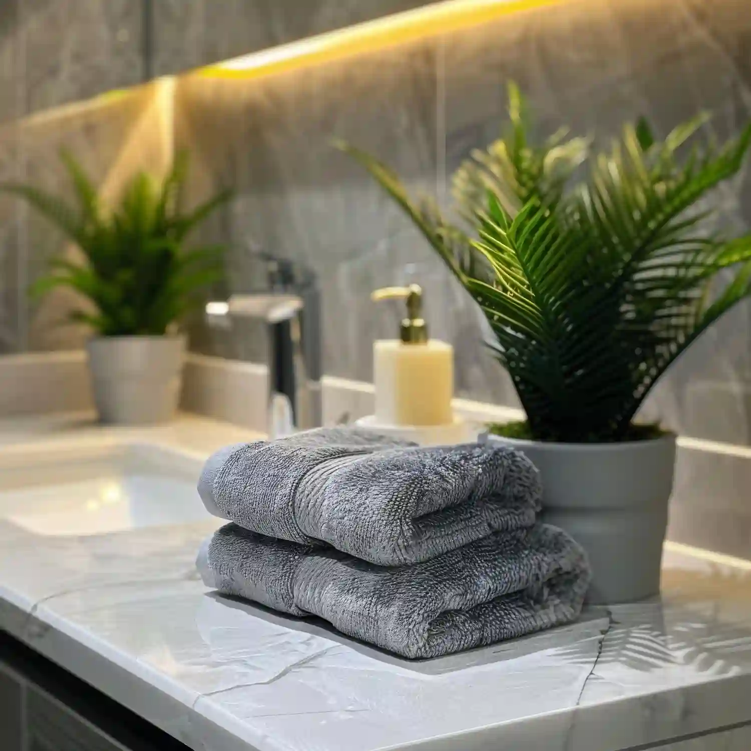 Fresh green plaid and embroidered snowflake hand towels hanging on a bathroom rail