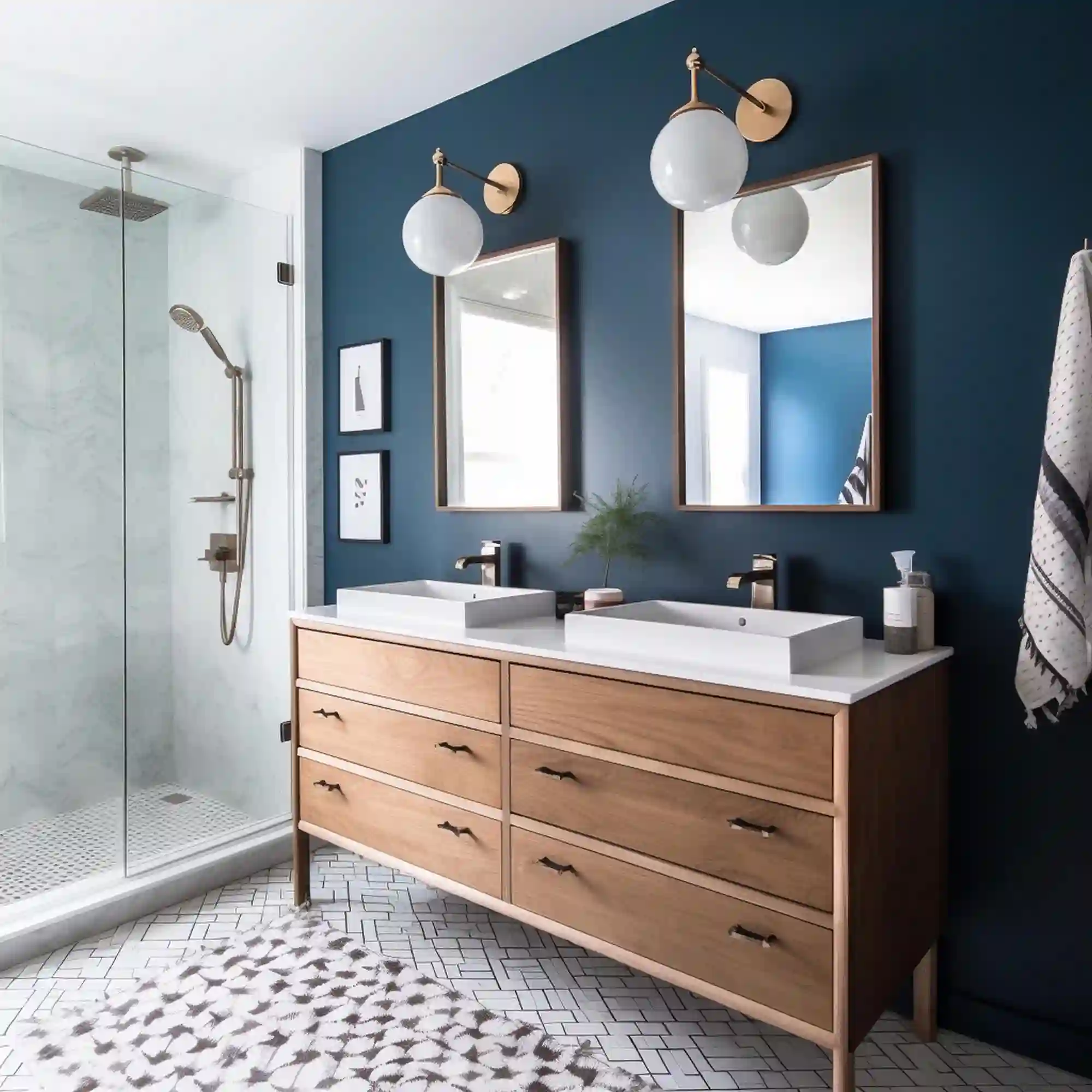 Wide view of a coastal bathroom showing 15 coastal bathroom ideas layered with driftwood, linen, and soft blue