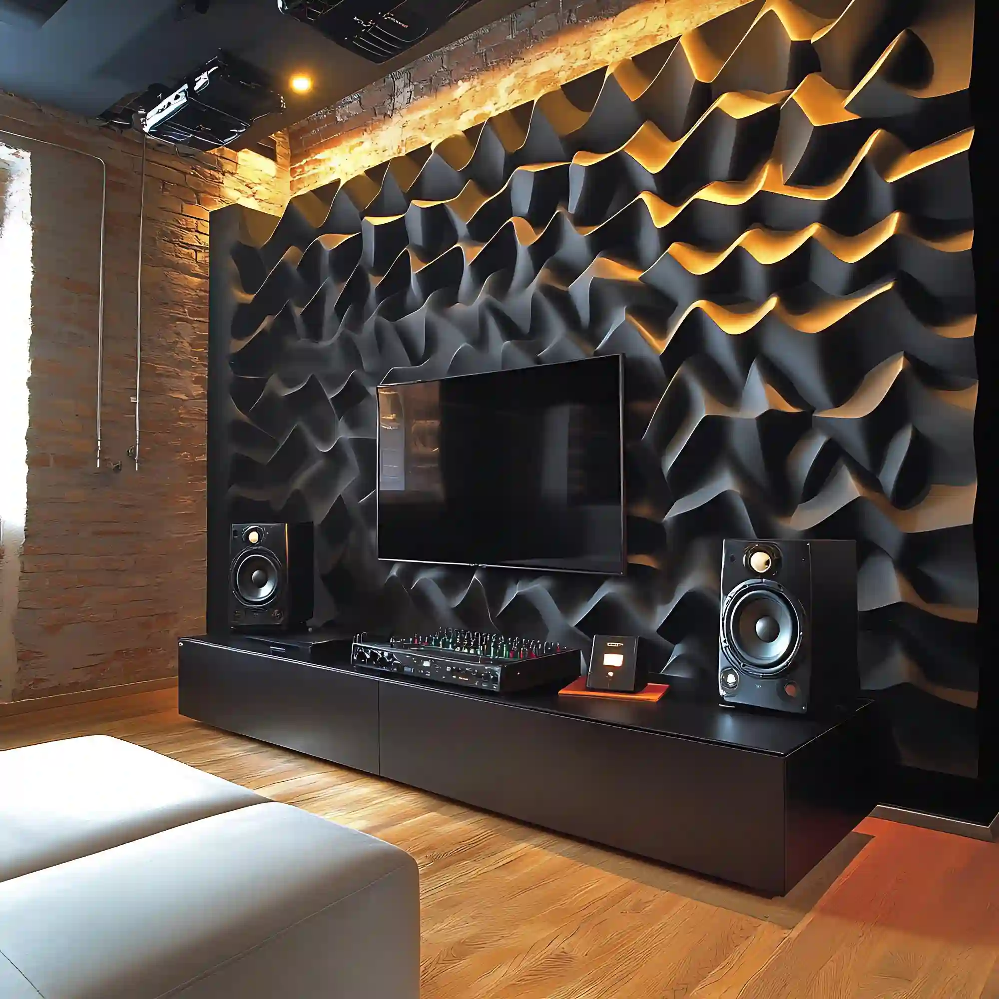 Walnut-framed acoustic panels mounted at ear height like a gallery wall beside studio monitors
