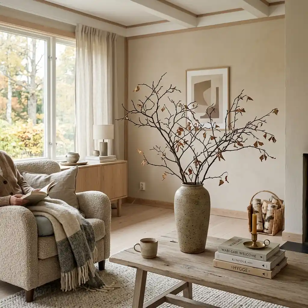 Scandinavian autumn living room in oatmeal and pale oak with a bare branch in a tall speckled stoneware vase and hygge books on the coffee table