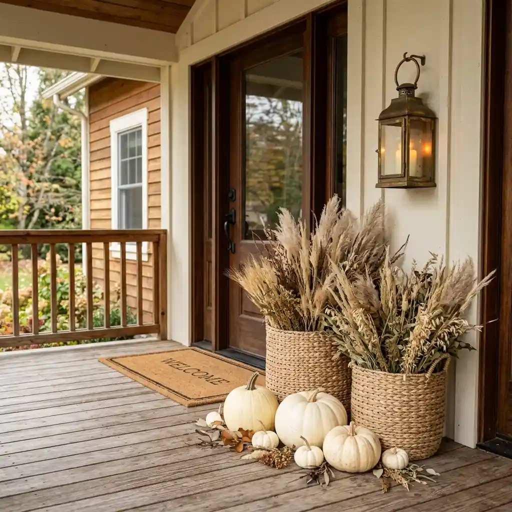 Fall porch decor ideas shown as five complete looks side by side, from warm neutral to dark and moody