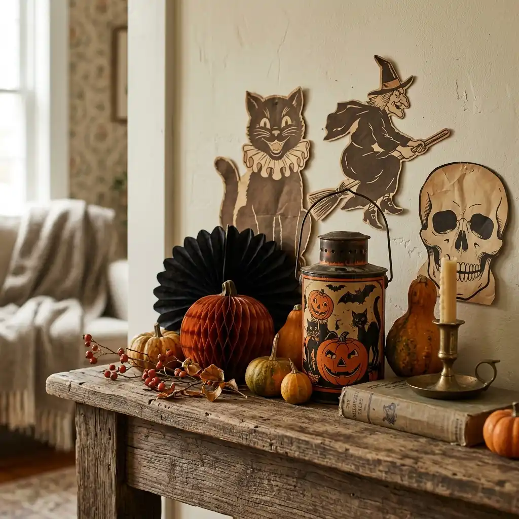 Vintage Halloween vignette with paper die-cut cat, witch and skull on the wall, a black honeycomb fan, litho tin lantern and small gourds on a rustic console