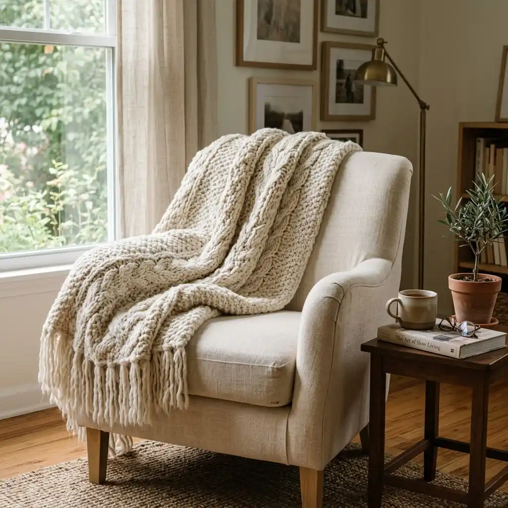 Cozy fall decor arranged in one armchair corner with a wool throw, lamp, side table, mug, and candle